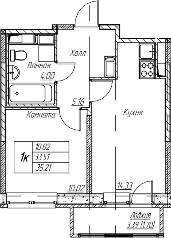 1-комнатная квартира 35.21 м², 3/22 эт., ЖК «Парк-квартал Юнтолово»
